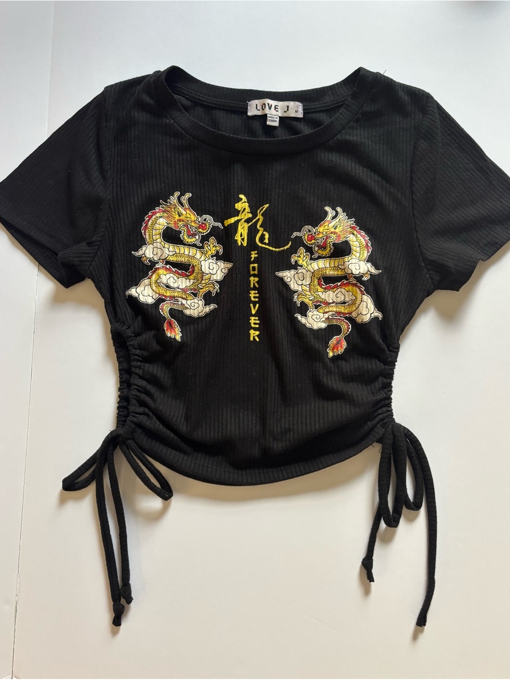 Love J Black Dragon Embroidered Ruched Crop Top